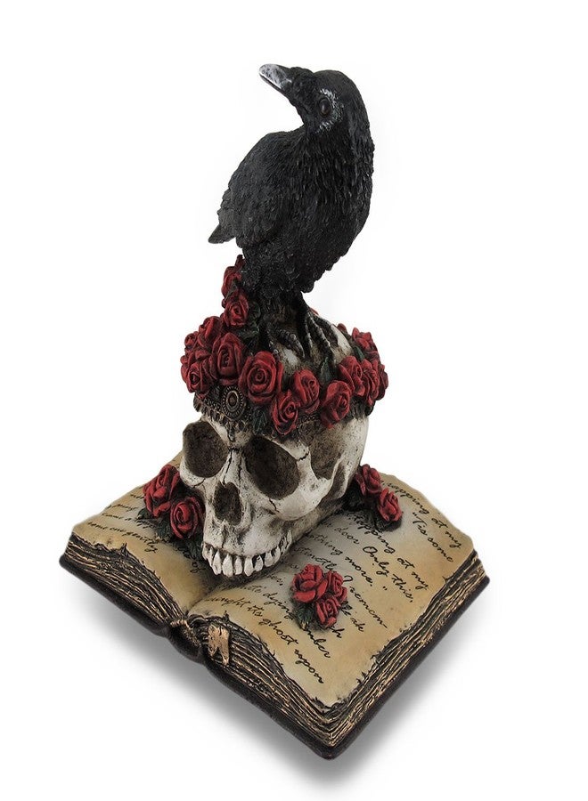Zeckos Mystical Raven on a Rose-Covered Skull Hand Painted Resin Statue -,Perched Upon 'The Raven' Poetry Book - an Artistic Fusion of Macabre and Literary Allure - Image 2