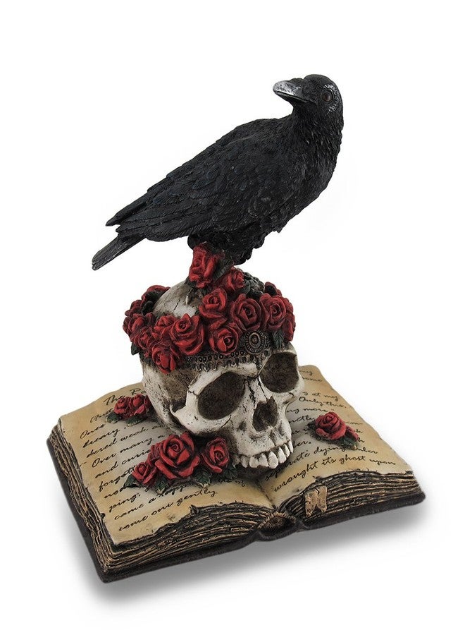 Zeckos Mystical Raven on a Rose-Covered Skull Hand Painted Resin Statue -,Perched Upon 'The Raven' Poetry Book - an Artistic Fusion of Macabre and Literary Allure - Image 1