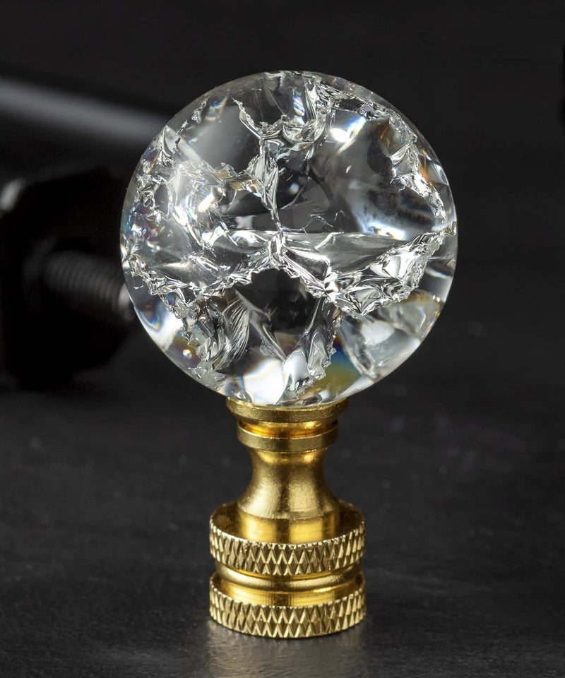 1 Pack Crystal Lamp Finial Cap with Polished Brass Finish Base Handmade Ball Shaped Clear Crackle Glass with Screw Knob Base Decoration Accessories for Table and Floor Lamp Shade Top