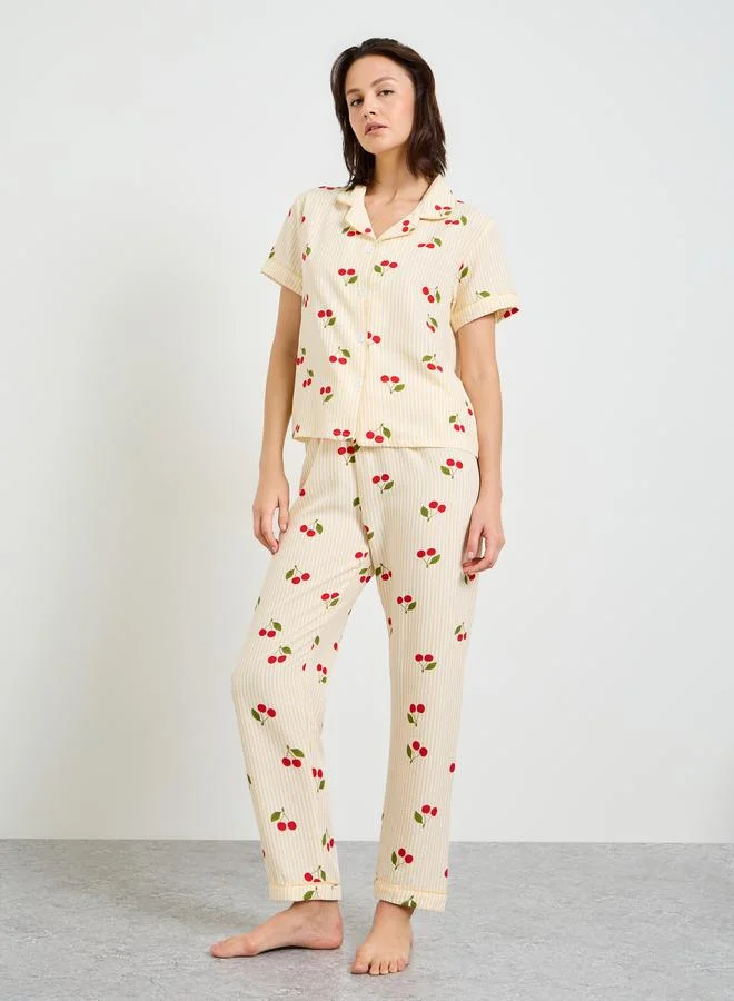 Cherry Print Striped Shirt and Pajama Set