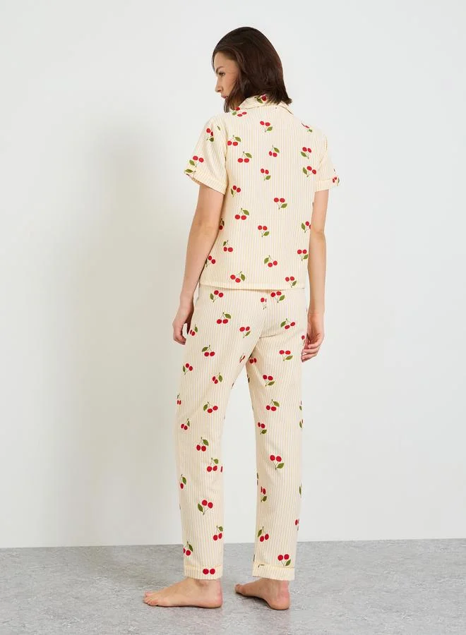 Take Two  Cherry Print Striped Shirt and Pajama Set for Women | Best Price UAE
