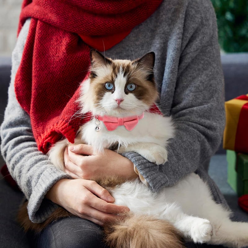 Sliverdew 2 Pcs Velvet Cat Collar with Bell and Bowtie Adjustable Kitten Small Puppy Safety Bow Tie Breakaway Cat Collars Solid Basic Color Cat Bow Tie Collar - Image 4