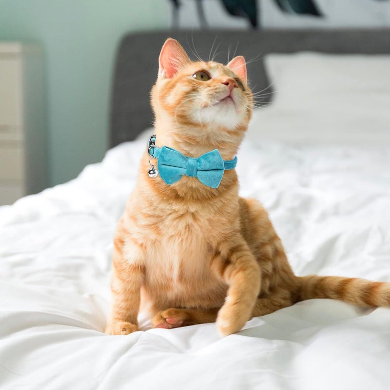 Sliverdew 2 Pcs Velvet Cat Collar with Bell and Bowtie Adjustable Kitten Small Puppy Safety Bow Tie Breakaway Cat Collars Solid Basic Color Cat Bow Tie Collar - Image 2