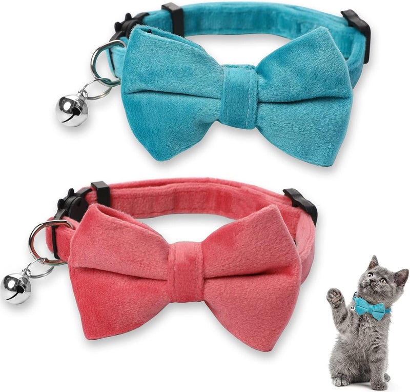 Sliverdew 2 Pcs Velvet Cat Collar with Bell and Bowtie Adjustable Kitten Small Puppy Safety Bow Tie Breakaway Cat Collars Solid Basic Color Cat Bow Tie Collar - Image 1