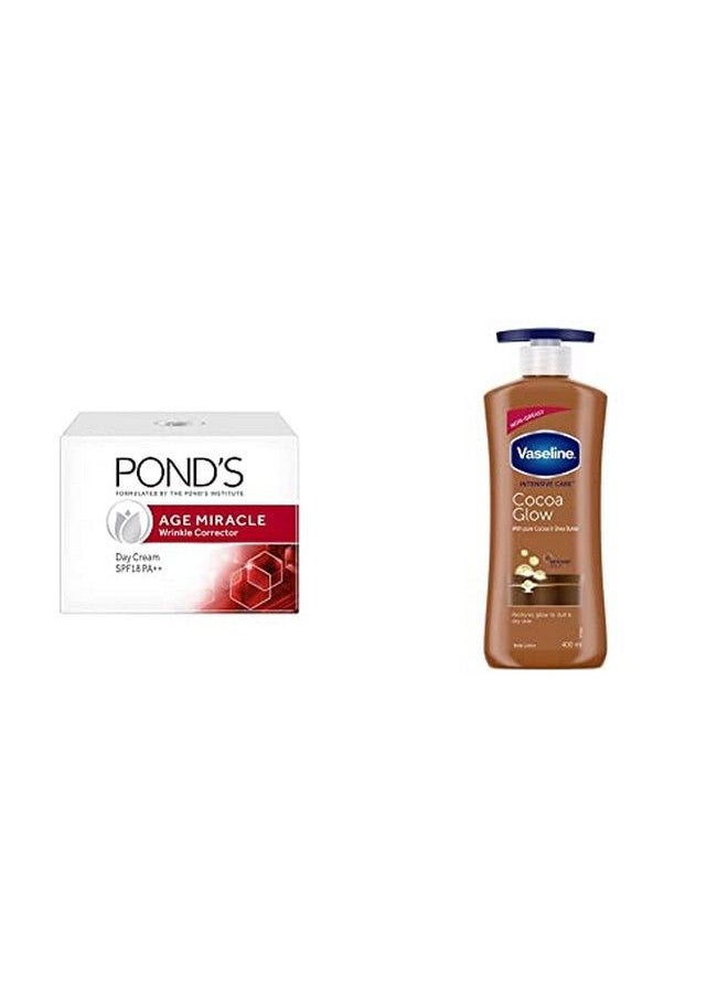 Pond's Age Miracle Wrinkle Corrector Spf 18 Pa++ Day Cream 50 G And Vaseline Intensive Care Cocoa Glow Body Lotion 400 Ml  - Image 1
