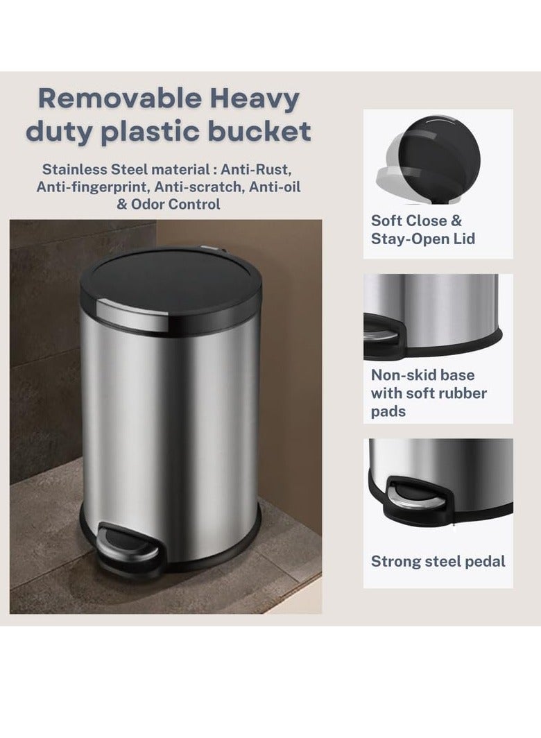دبيلو تي- إيزي كير سلة مهملات من الفولاذ المقاوم للصدأ سعة 5 لتر - دلو بلاستيكي قابل للإزالة، غطاء ناعم الإغلاق ويبقى مفتوحًا، دواسة قوية، تحكم في الرائحة، قاعدة مانعة للانزلاق، مضادة لبصمات الأصابع - مثالية للمنزل والمكتب وغرفة النوم والمناسبات - Image 4