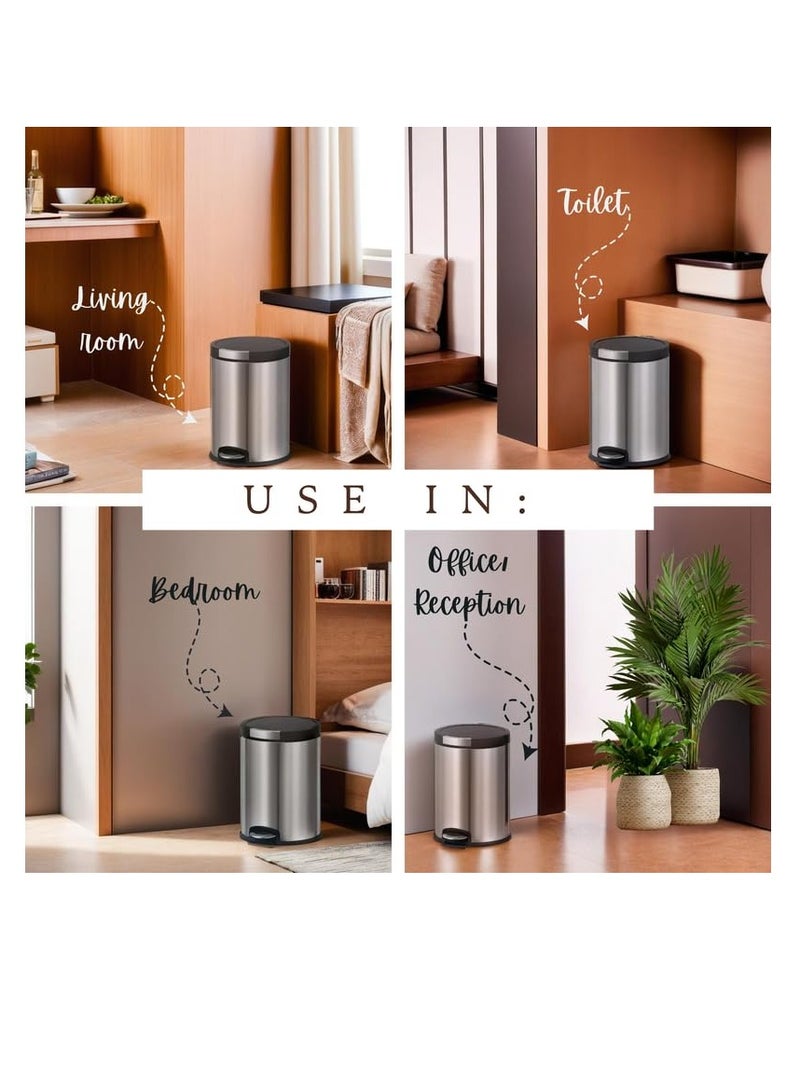 دبيلو تي- إيزي كير سلة مهملات من الفولاذ المقاوم للصدأ سعة 5 لتر - دلو بلاستيكي قابل للإزالة، غطاء ناعم الإغلاق ويبقى مفتوحًا، دواسة قوية، تحكم في الرائحة، قاعدة مانعة للانزلاق، مضادة لبصمات الأصابع - مثالية للمنزل والمكتب وغرفة النوم والمناسبات - Image 5