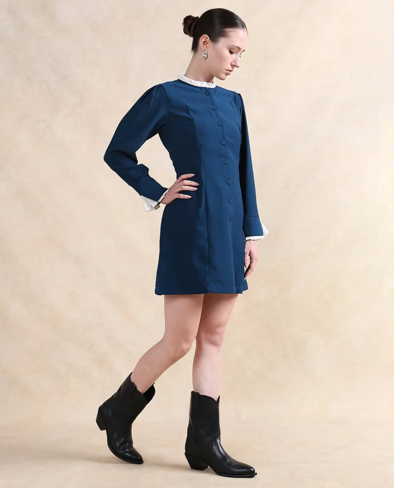 Rareism Women's Ruffled Neck Full Sleeve Knee-Length Formal Dress