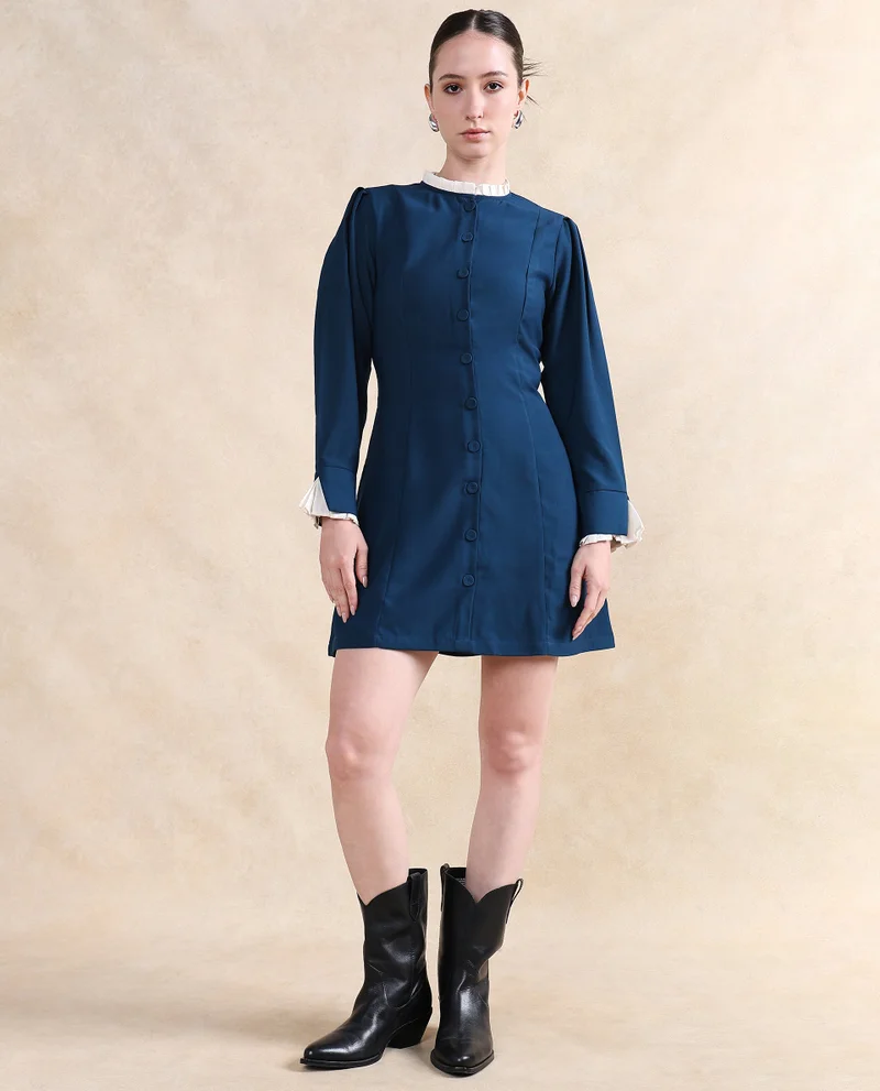 ريريزم Women's Ruffled Neck Full Sleeve Knee-Length Formal Dress