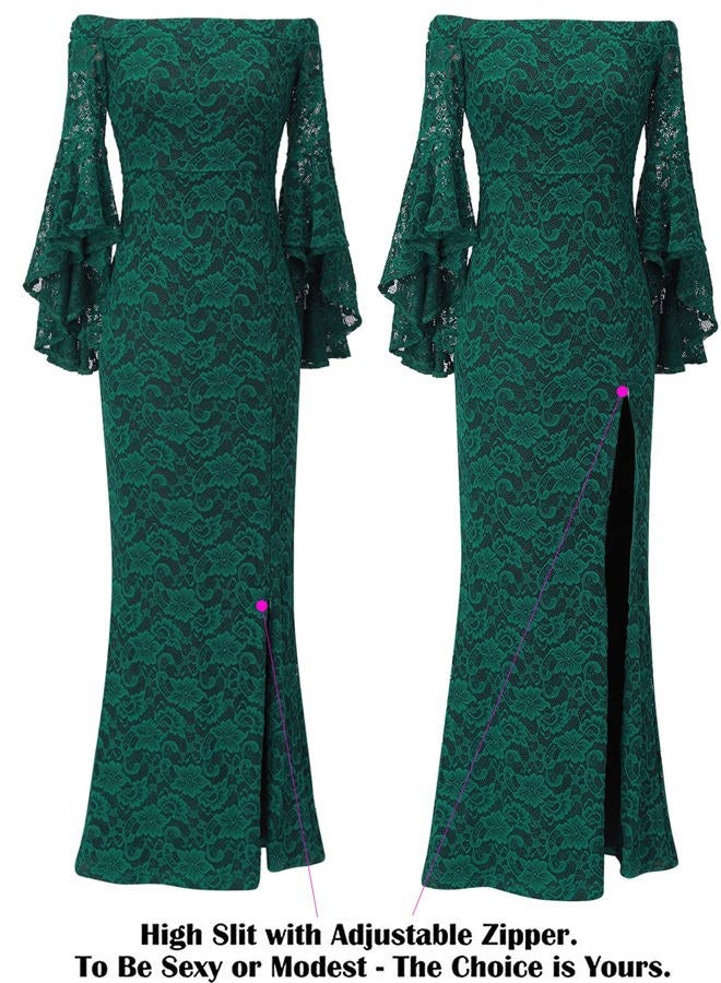 VFSHOW Womens Off Shoulder Bell Sleeve Formal Evening Wedding Party Maxi Dress, Green Lace 2, 3XL - Image 5