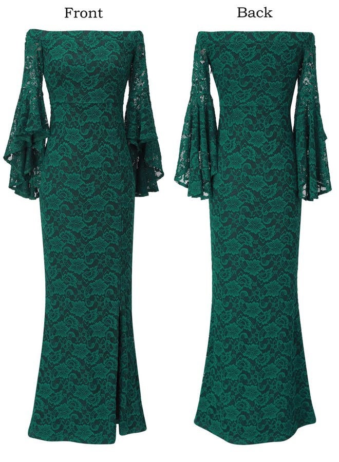 VFSHOW Womens Off Shoulder Bell Sleeve Formal Evening Wedding Party Maxi Dress, Green Lace 2, 3XL - Image 4
