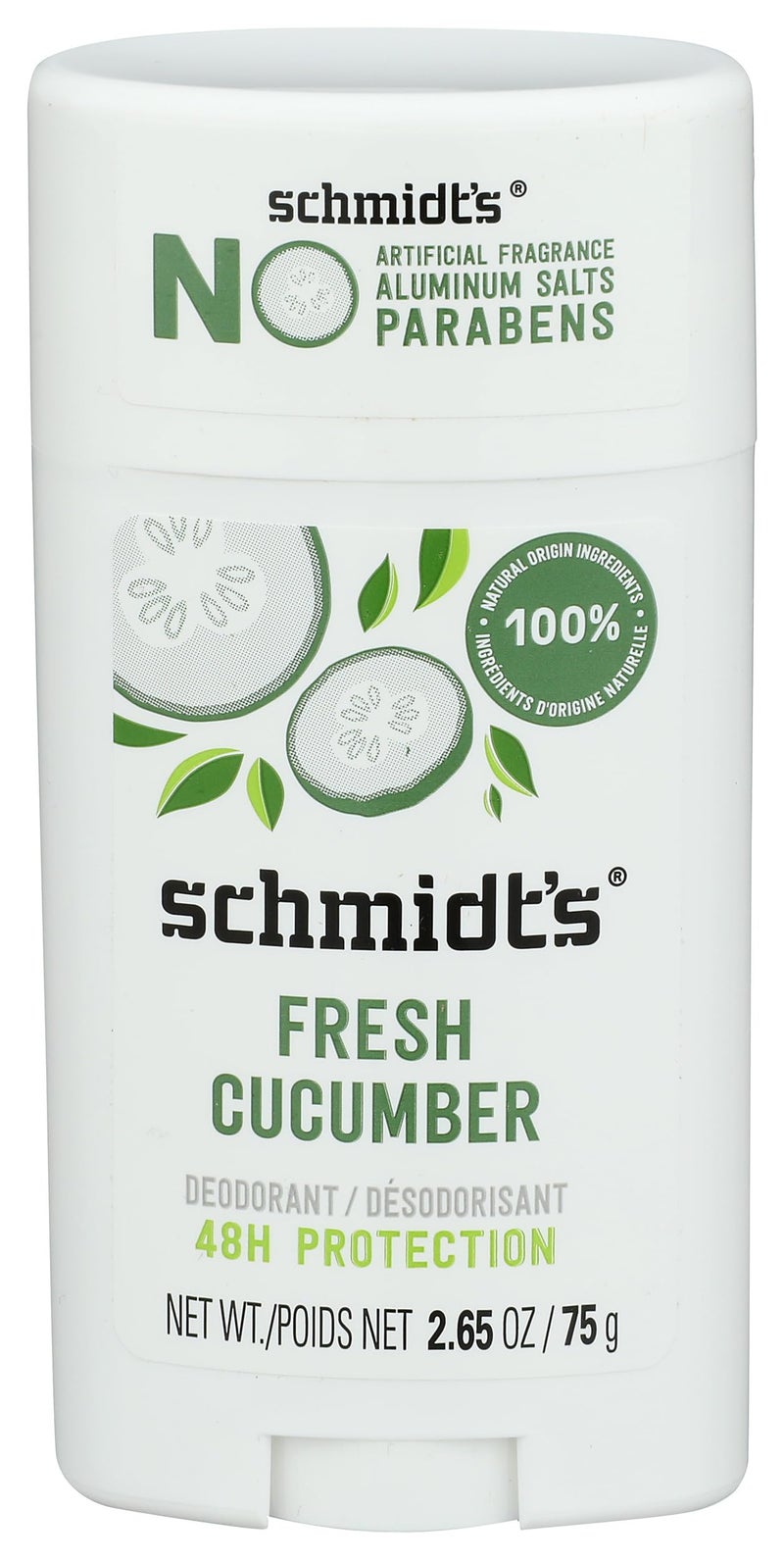Schmidt's Aluminum-Free Vegan Deodorant Fresh Cucumber for Women and Men, with 24 Hour Odor Protection, Natural Ingredients, Cruelty-Free, 2.65 oz - Image 1