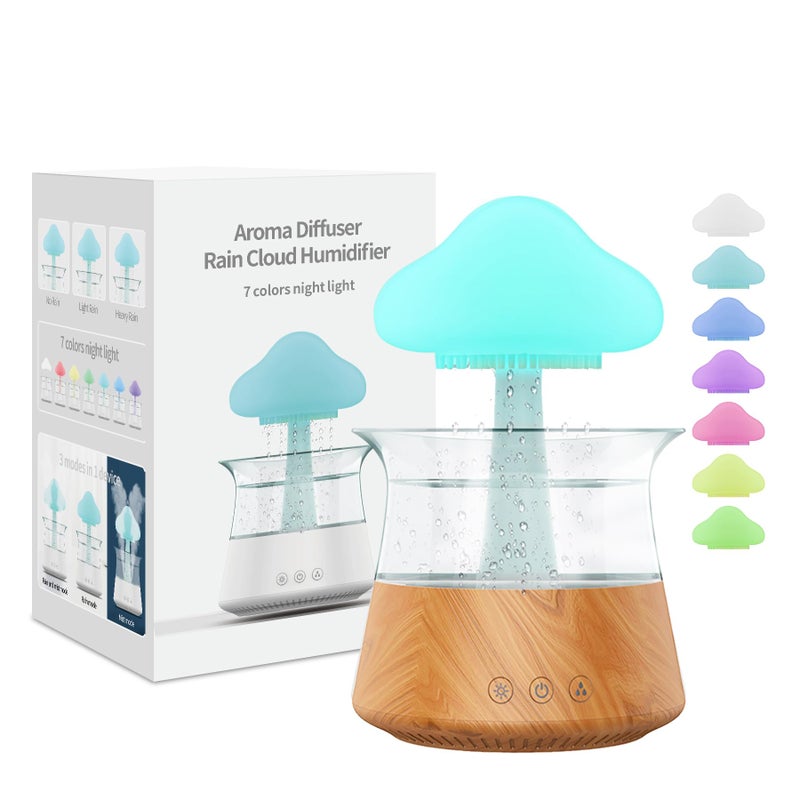 Rican Rain Water Drop Humidifier - Mushroom Cloud Lamp Humidifier, Essential Oil Diffusers, 300ml White Noise Aromatherapy Diffusers with 7 Colors Cloud Lights for Home, Large Room, Office - Wood Grain - Image 1