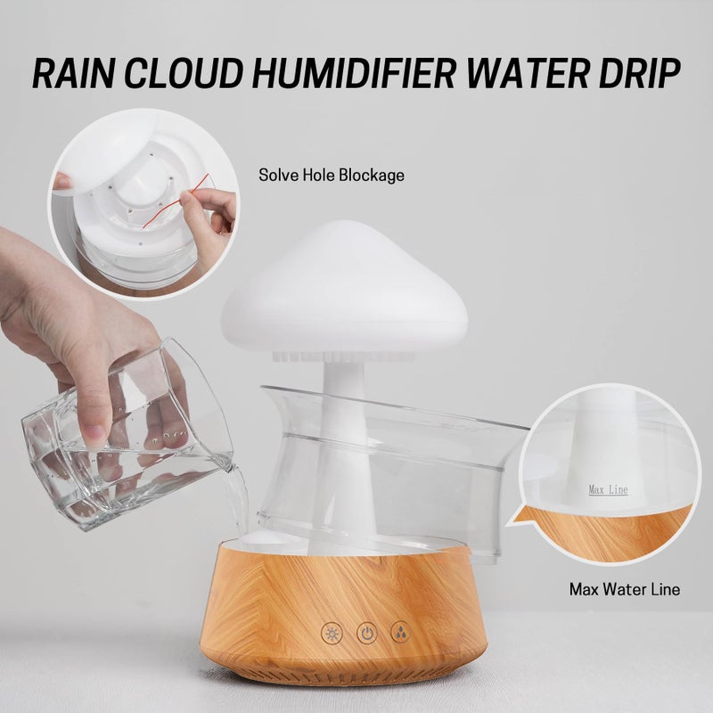 Rican Rain Water Drop Humidifier - Mushroom Cloud Lamp Humidifier, Essential Oil Diffusers, 300ml White Noise Aromatherapy Diffusers with 7 Colors Cloud Lights for Home, Large Room, Office - Wood Grain - Image 3