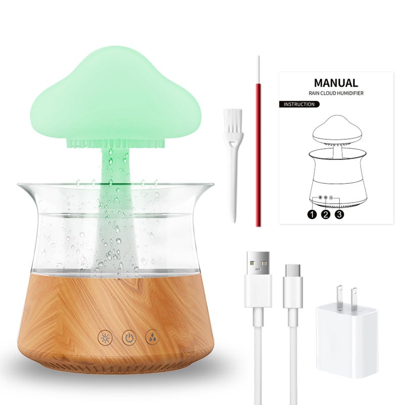 Rican Rain Water Drop Humidifier - Mushroom Cloud Lamp Humidifier, Essential Oil Diffusers, 300ml White Noise Aromatherapy Diffusers with 7 Colors Cloud Lights for Home, Large Room, Office - Wood Grain - Image 5