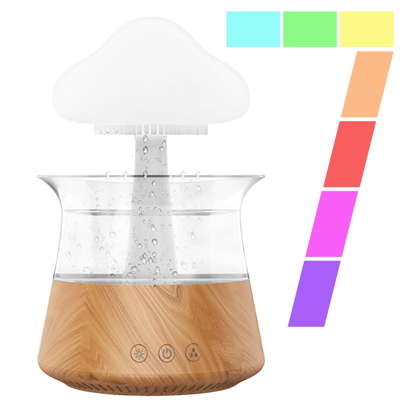 Rican Rain Water Drop Humidifier - Mushroom Cloud Lamp Humidifier, Essential Oil Diffusers, 300ml White Noise Aromatherapy Diffusers with 7 Colors Cloud Lights for Home, Large Room, Office - Wood Grain - Image 4