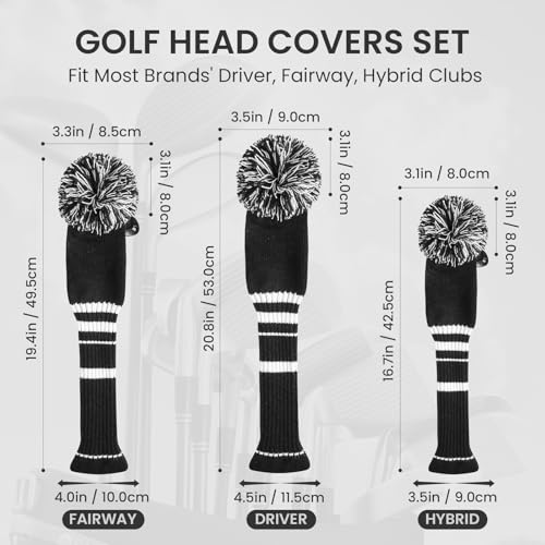 FINGER TEN Golf Club Head Covers Knit for Woods Driver Fairway Hybrid Head Cover Knitted Pom Pom Stripes Pattern for Main Wood Clubs (Black&White-Fairway-1 Pcs) - Image 2