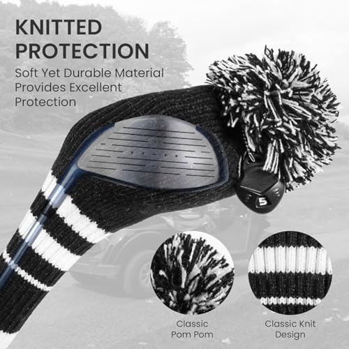 FINGER TEN Golf Club Head Covers Knit for Woods Driver Fairway Hybrid Head Cover Knitted Pom Pom Stripes Pattern for Main Wood Clubs (Black&White-Fairway-1 Pcs) - Image 3
