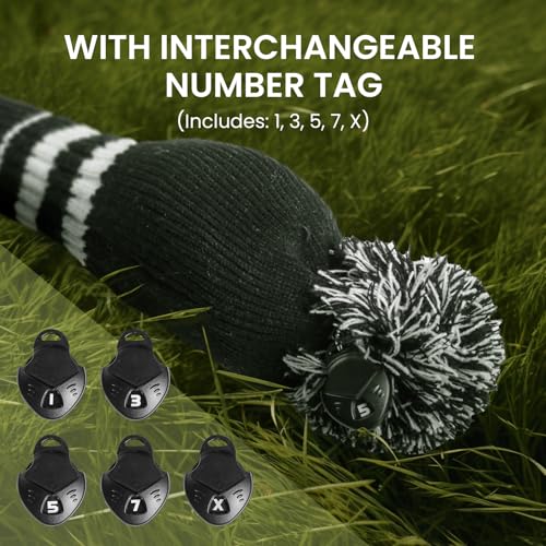 FINGER TEN Golf Club Head Covers Knit for Woods Driver Fairway Hybrid Head Cover Knitted Pom Pom Stripes Pattern for Main Wood Clubs (Black&White-Fairway-1 Pcs) - Image 4