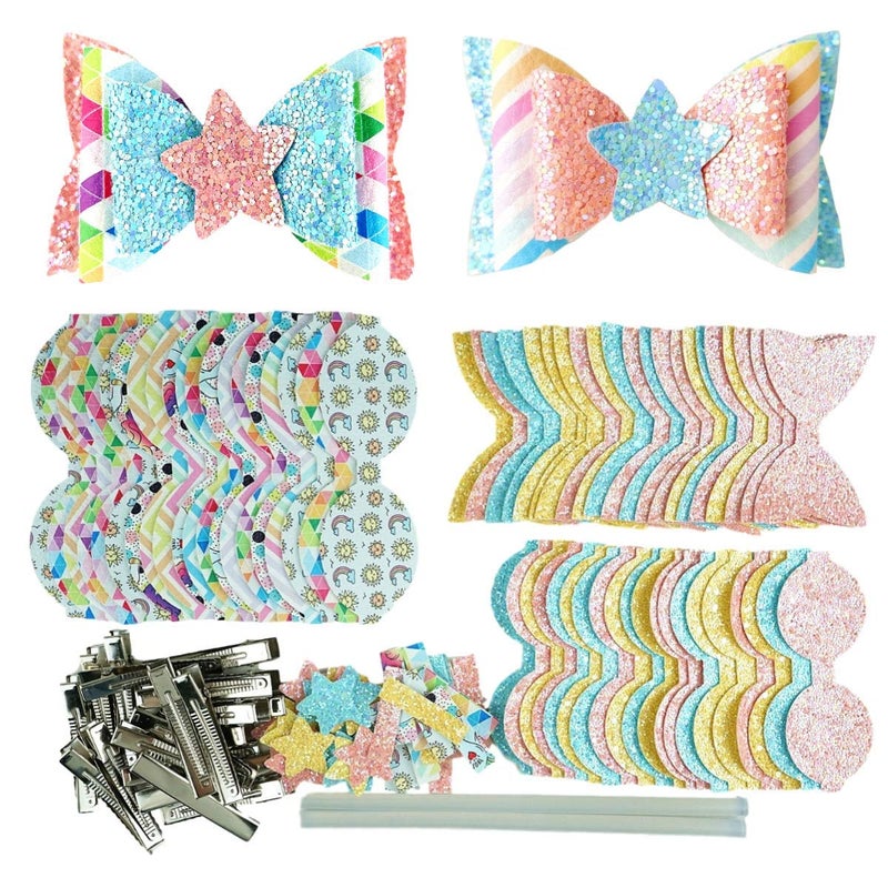 AOUXSEEM Faux Leather Hair Bows DIY Making Kit with Pre Cut Pieces and Hair Clips,Make Fashionable Shiny Hair Clips for Girls Lady Woman(Medium,Rainbow Style,20 Set) - Image 1