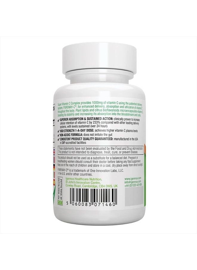 Igennus Healthcare Nutrition - High Absorption Super Vitamin C, Clean Label Pureway-C 1000mg, Vegan Vitamin C with Bioflavonoids, 60 Servings, 24-Hour Action, Immune Health, Energy, Heart & Brain, by Igennus - Image 1