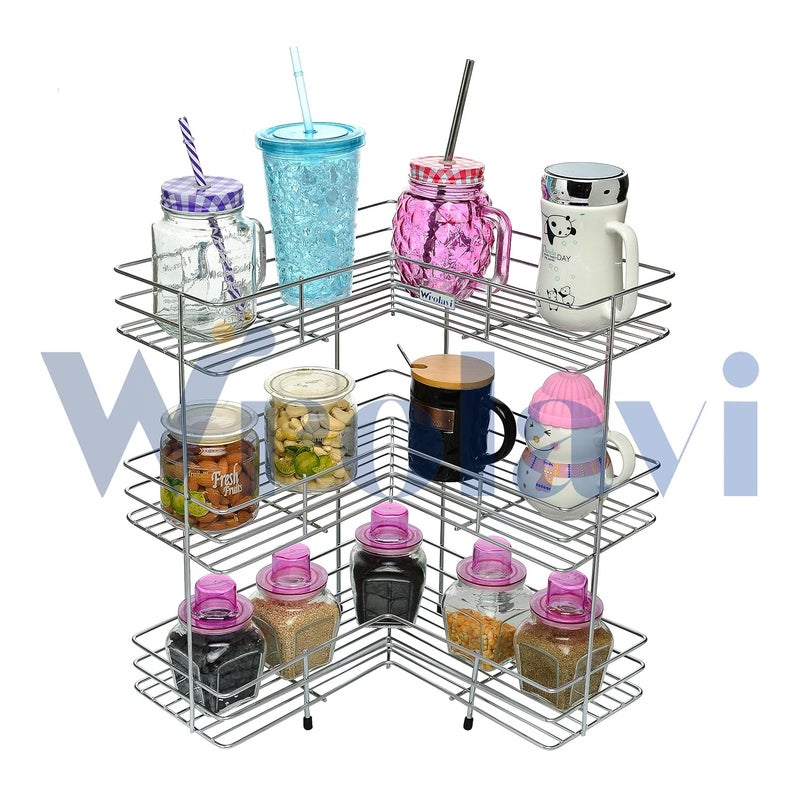 WROLAVI Classic Look Stainless Steel Corner Stand For Kitchen And Bathroom Multipurpose Storage Kitchen Bathroom Rack Silver Colour 3 Layer Bracket Shelf wall mount - Image 5