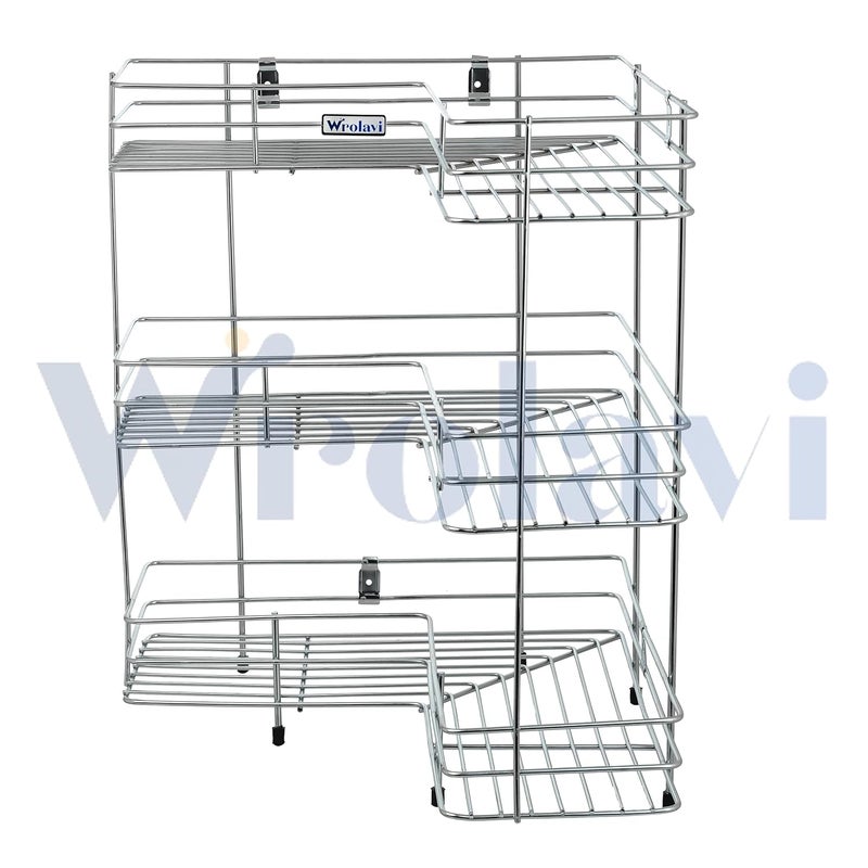 WROLAVI Classic Look Stainless Steel Corner Stand For Kitchen And Bathroom Multipurpose Storage Kitchen Bathroom Rack Silver Colour 3 Layer Bracket Shelf wall mount - Image 3