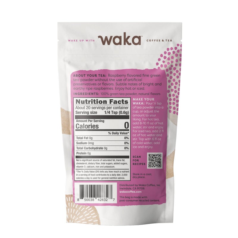 Waka Instant Green Tea Mix, Raspberry Flavored - 100% Tea Leaves, No Additives, Unsweetened Sample/Travel Size Tea Powder - Easy Quick Hot and Iced Teas, Up to 20 Cups or 5 Quarts (.45oz) - Image 2