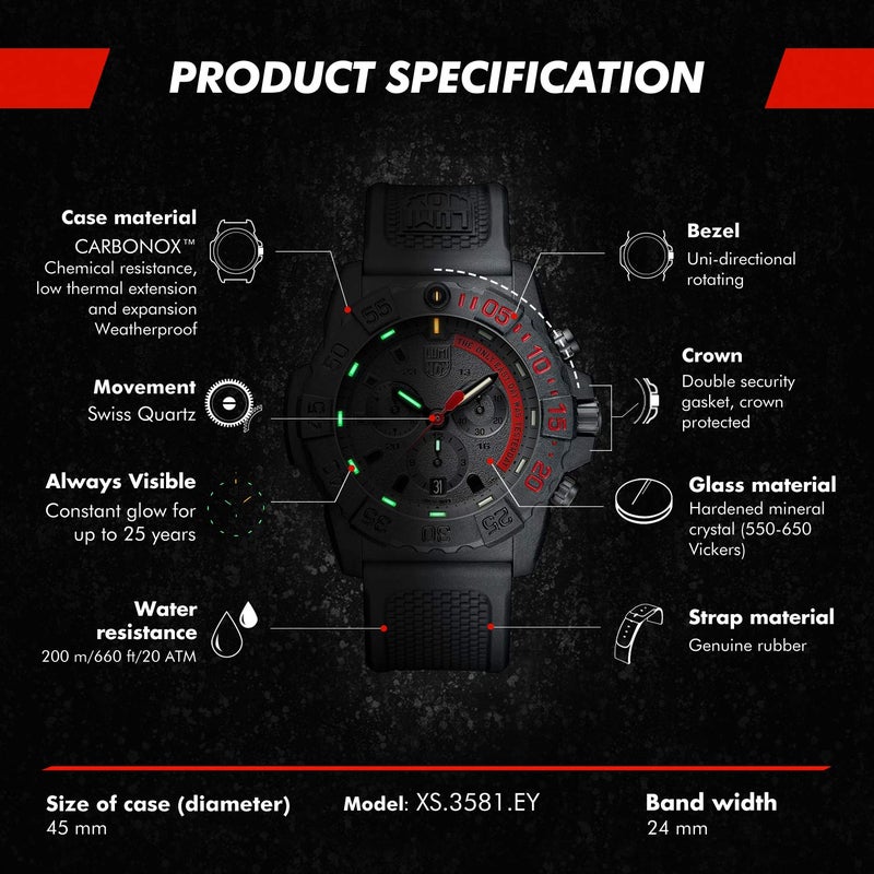 Luminox ساعة لومي نوكس نافى سيل XS.3581.EY للرجال 45 مم - ساعة غوص عسكرية باللون الأسود مع كرونوغراف ووظيفة التاريخ مقاومة للماء حتى 200 م - Image 3