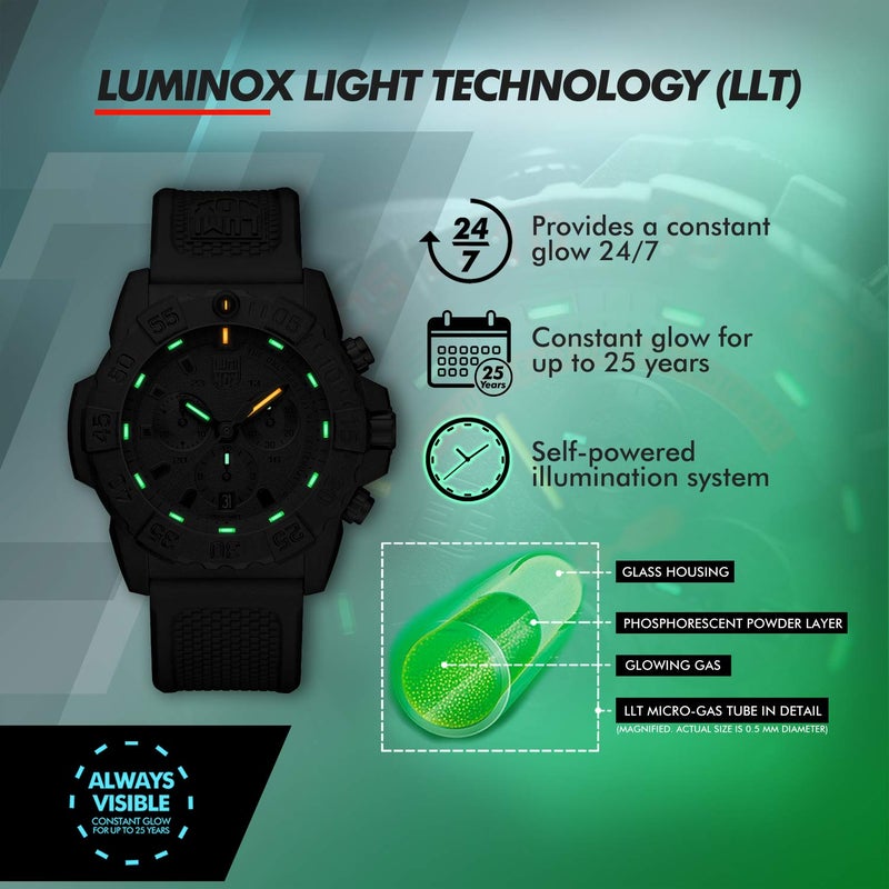 Luminox ساعة لومي نوكس نافى سيل XS.3581.EY للرجال 45 مم - ساعة غوص عسكرية باللون الأسود مع كرونوغراف ووظيفة التاريخ مقاومة للماء حتى 200 م - Image 4