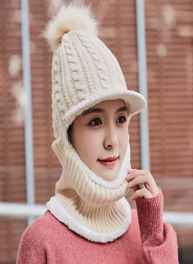 Malvina Girl Winter Cap Monkey Beanie Cap Knit Balaclava Capset | Soft Wool Woolen Fuzzy Plush Skull Cap Windproof Full Face Cover Earflap Hood Nech Warmer Cap Beige - Image 4