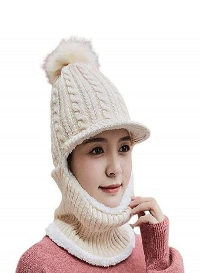 Malvina Girl Winter Cap Monkey Beanie Cap Knit Balaclava Capset | Soft Wool Woolen Fuzzy Plush Skull Cap Windproof Full Face Cover Earflap Hood Nech Warmer Cap Beige - Image 1
