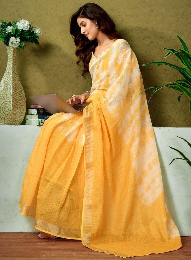 Satrani Women's Linen Zari Border Printed Ready To Wear One Minute Pre Pleated Readymade Saree with Unstitched Blouse Piece (34RS330N_Yellow) - Image 3