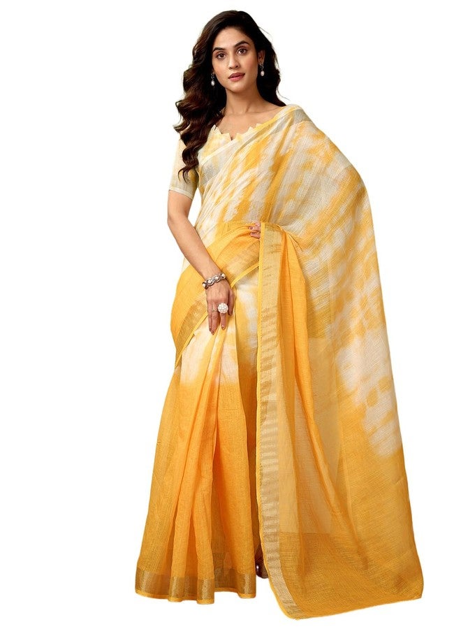 Satrani Women's Linen Zari Border Printed Ready To Wear One Minute Pre Pleated Readymade Saree with Unstitched Blouse Piece (34RS330N_Yellow) - Image 1