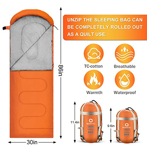 ECOOPRO Warm Weather Sleeping Bag - Portable, Waterproof, Compact Lightweight, Comfort with Compression Sack - Great for Outdoor Camping, Backpacking & Hiking-83 L x 30" W Fits Adults (D-Orange) - Image 2