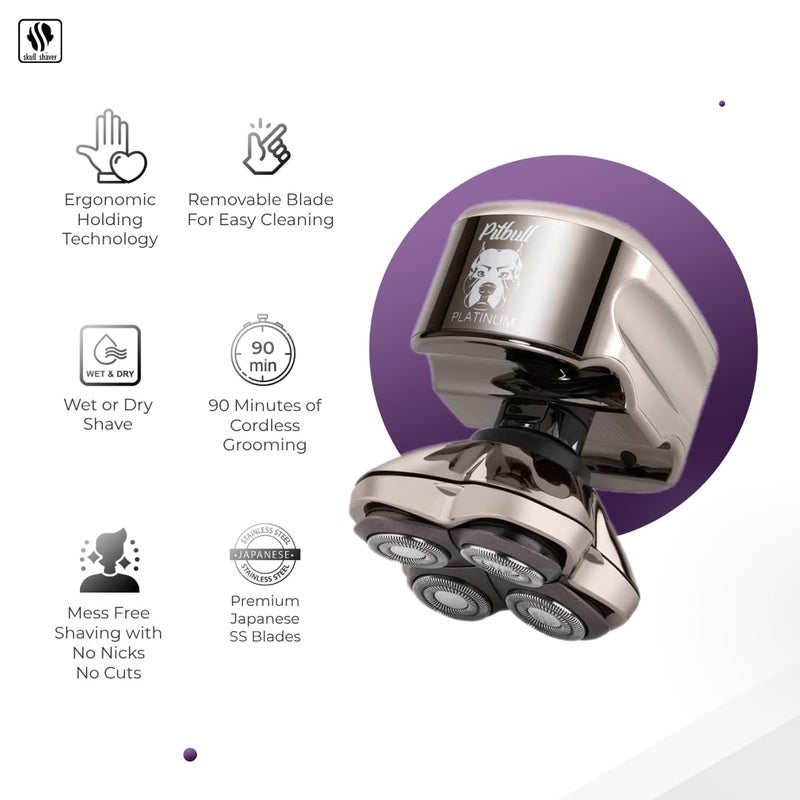 Skull Shaver حلاقة الرأس من سكول شيفر بيتبول بلاتينيوم برو: ماكينة حلاقة للرجل - ماكينة حلاقة للرأس مع تقنية الرطب/الجاف، تصميم مريح، قفل سفر، وإكسسوارات. مجموعة العناية المثالية وهدايا مميزة للرجال. - Image 2