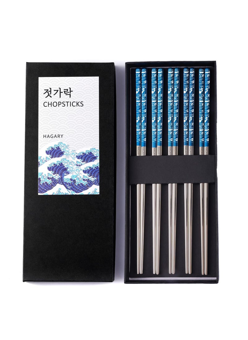 Hagary Hagary Blue Wave Chopsticks 5 Pairs Metal Chopsticks Reusable Designed In Korea Japanese Style Stainless Steel 316 1810 NonSlip Dishwasher Safe Laser Engraved 
