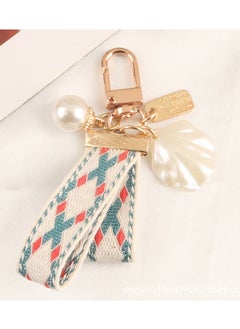 Generic Elegant Plaid Keychain with Pearl Accent, Red, White, and Green Color Scheme, Fabric Tassel, Faux Pearl and Shell Charms, Gold Tone Metal Hardware, Intricate Weave Pattern, Chic and Sophisticated Style, Fashion Accessory for Keys, Purses, and Bags 