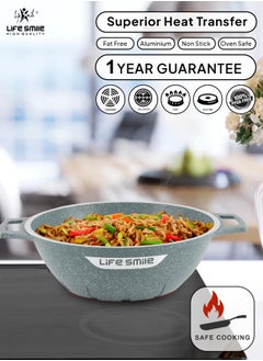 Life Smile Wok Pan with Glass Lid - Induction Bottom Safe Frying Pan Double Handle with Durable Non-Stick Granite Coating - Oven Safe Pan With Wooden Turner  - Image 5