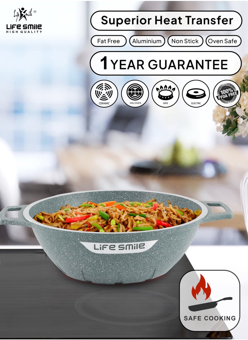 Life Smile - Wok Pan with Glass Lid - Induction Bottom Safe Frying Pan Double Handle with Durable Non-Stick Granite Coating - Oven Safe Pan With Wooden Turner - Image 1