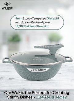 Life Smile Wok Pan with Glass Lid - Induction Bottom Safe Frying Pan Double Handle with Durable Non-Stick Granite Coating - Oven Safe Pan With Wooden Turner  - Image 4