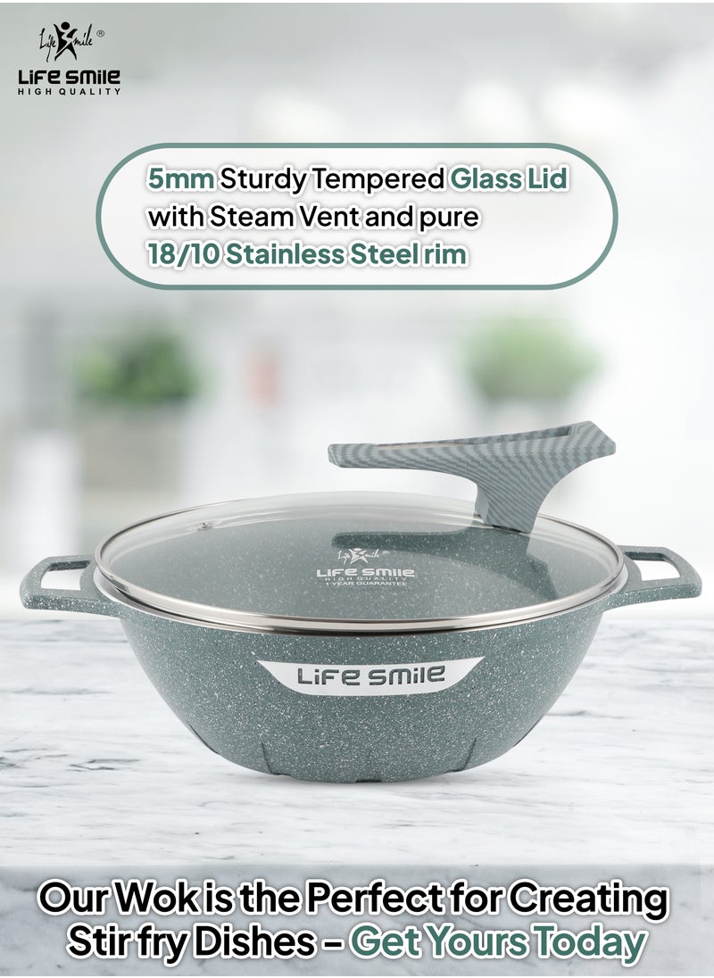 Life Smile - Wok Pan with Glass Lid - Induction Bottom Safe Frying Pan Double Handle with Durable Non-Stick Granite Coating - Oven Safe Pan With Wooden Turner - Image 1