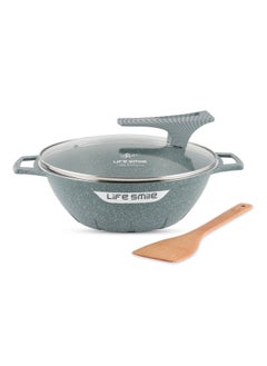 Life Smile Wok Pan with Glass Lid - Induction Bottom Safe Frying Pan Double Handle with Durable Non-Stick Granite Coating - Oven Safe Pan With Wooden Turner  - Image 1