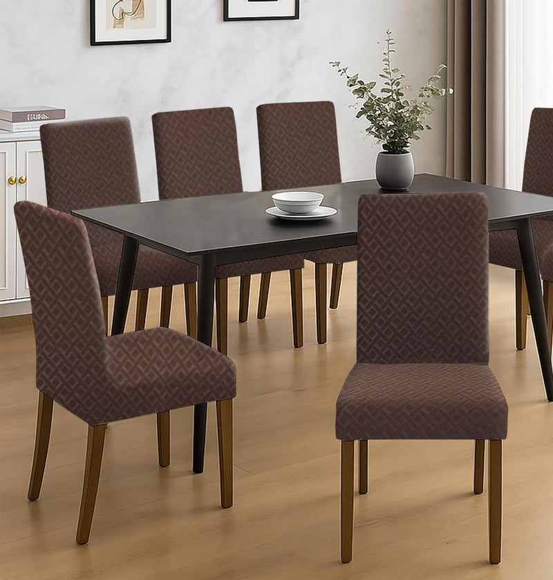 Yellow Weaves Elastic Stretchable Dining Chair Covers, Removable Washable Elastic Self Jacquard Dining Chair Covers (Set of 6, Blocks Coffee) - Image 2