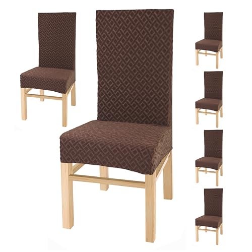 Yellow Weaves Elastic Stretchable Dining Chair Covers, Removable Washable Elastic Self Jacquard Dining Chair Covers (Set of 6, Blocks Coffee) - Image 1