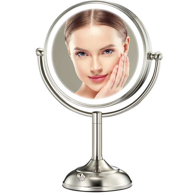 PROFESSIONAL 85 LARGE LIGHTED MAKEUP MIRROR WITH BRIGHTER LIGHTS 1X10X TRUE HD MAGNIFYING MIRROR WITH 3 COLOR DIMMABLE LIGHTS 90 SHADOWLESS LEDS 360SWIVEL SEAMLESS VANITY MIRROR PEARL NICKEL