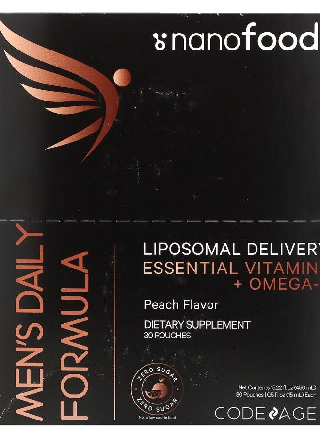 Codeage Nanofood Men's Daily Formula Liposomal Delivery Essential Vitamins + Omega-3 Peach 30 Pouches 0.5 fl oz (15 ml) Each