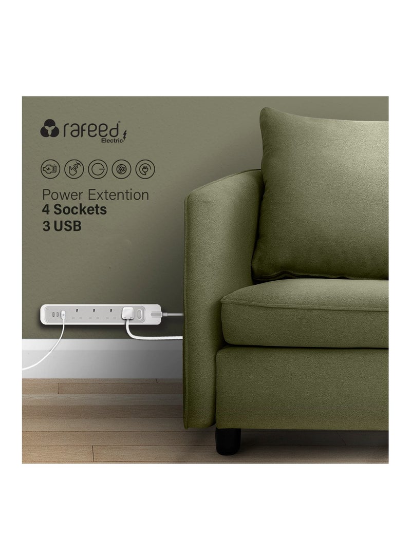 RAFEED Power Extension With Master Switch 2 Meter 4 Sockets 3 USB Charging Ports 3250 Watts (RF-30008) - Image 2