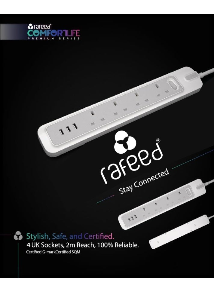 RAFEED Power Extension With Master Switch 2 Meter 4 Sockets 3 USB Charging Ports 3250 Watts (RF-30008) - Image 3