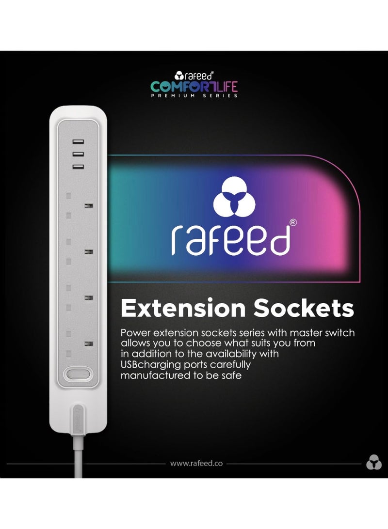 RAFEED Power Extension With Master Switch 2 Meter 4 Sockets 3 USB Charging Ports 3250 Watts (RF-30008) - Image 4
